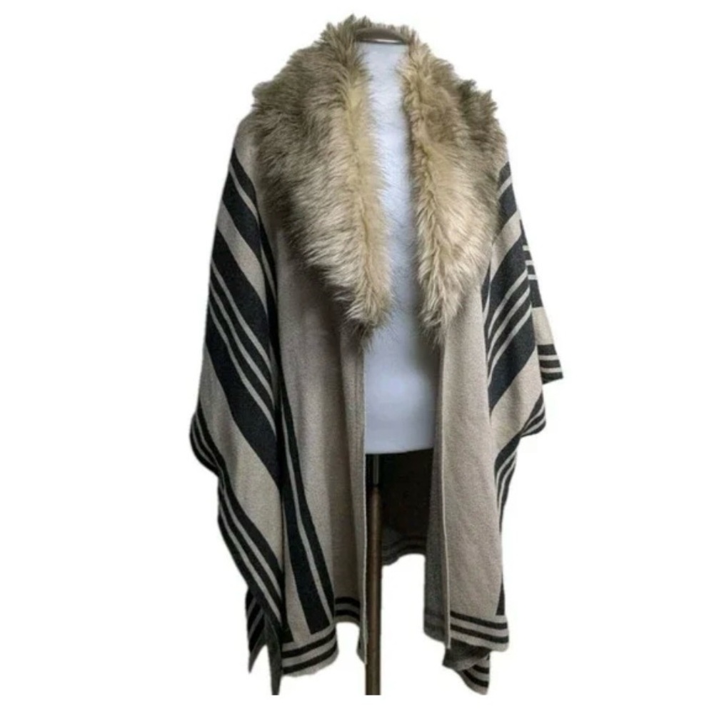 Tan and Black Cape Poncho Sweater with Removable Fur Collar.